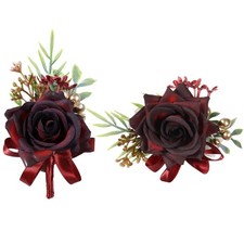 Wrist Corsage and Boutonniere Set, Artificial Burgundy Flower Women Corsage M...
