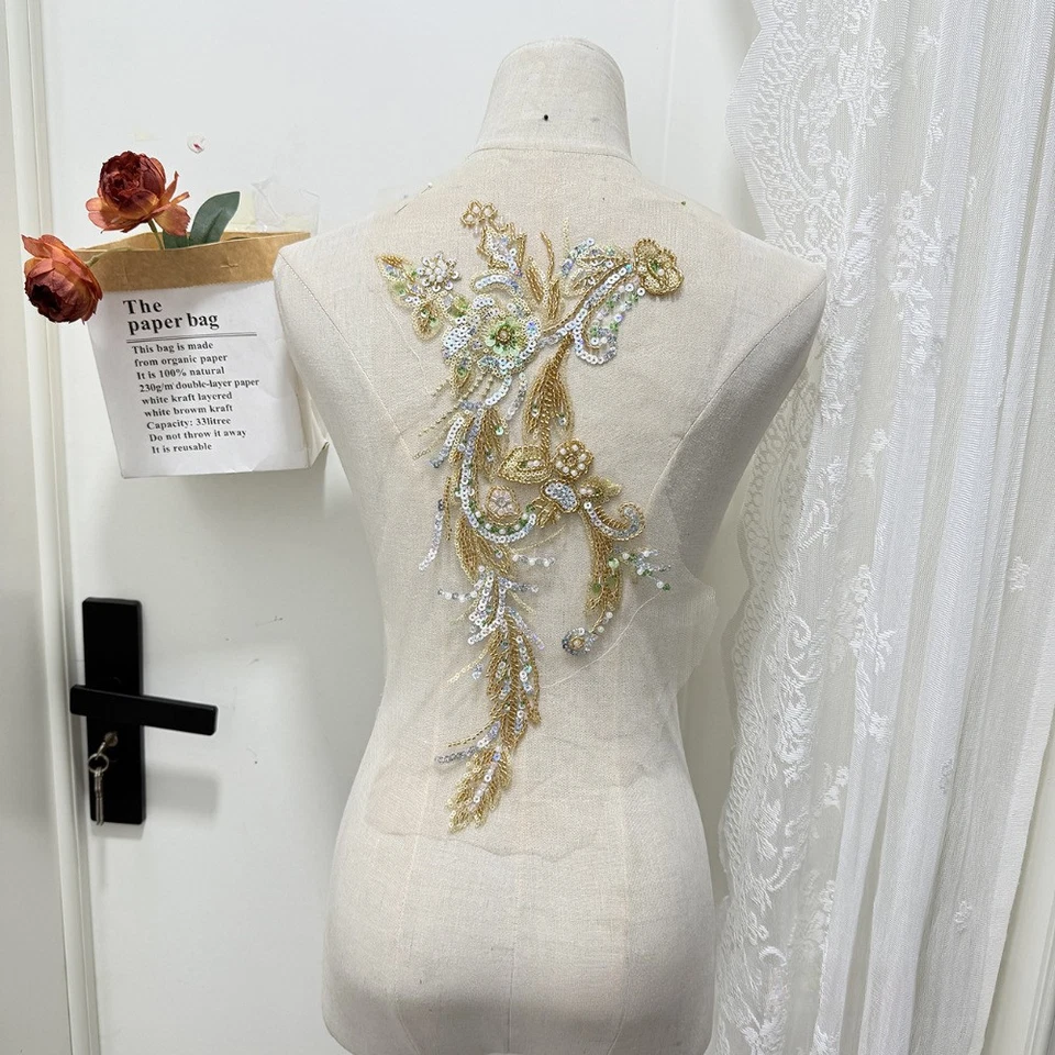 Patch Applique Paillettes Doré À Coudre Pour Robe De Mariée Soirée DIY - Photo 2/4