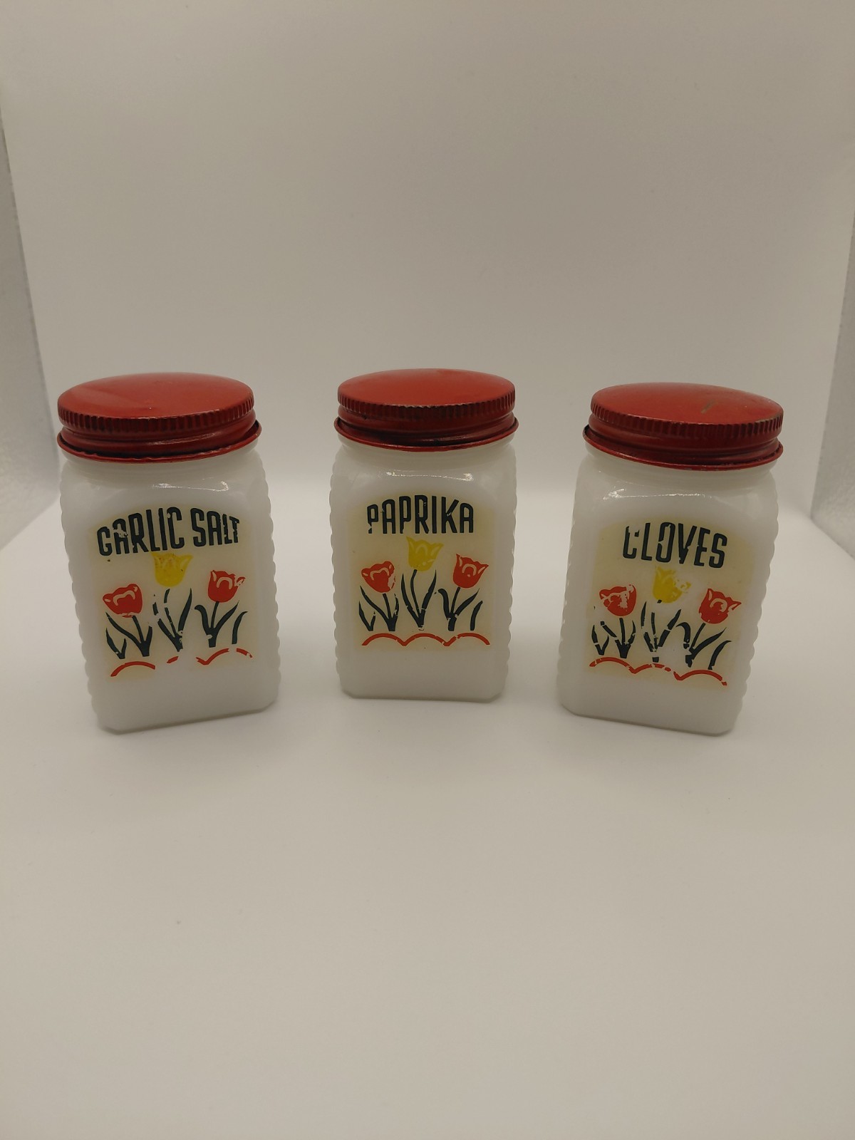 *Vintage* Tipp City Milk Glass Red and Yellow Tulip Shakers Set of 3 