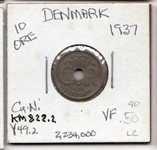 1937 10 Øre DENMARK Copper Nickel KM822.2 Holed World Coin VF