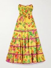 FARM Rio Delicate Fruit Garden Yellow Smocked Maxi Dress XS NEW Beaded Tassels