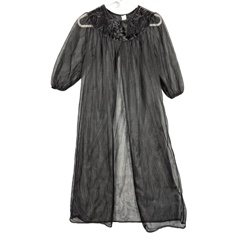 Vintage Berkliff Nylon Robe Womens Medium Night Gown Black Sheer Lingerie  Flowy