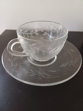 Vintage Arcoroc Fleur France Clear Glass Cups and Saucers