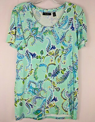 Susan Graver Weekend Printed Cozy Jersey Knit Top Mint/Blue (XS) A378550
