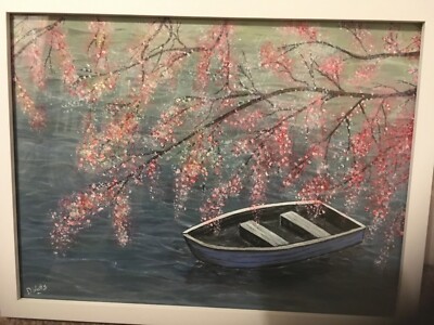 Original Acrylgemälde. Boot unter Blüte.Gerahmt.Vom Künstler signiert. 17  x13 