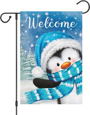 Welcome Winter Garden Flag 12X18 Double Sided, Burlap Small Snow Penguin Garden