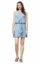 NWT BCBG MAX AZRIA 248 SHADOW BLUE CAYLAN GEORGETTE RUFFLED HALTER DRESS SZ S