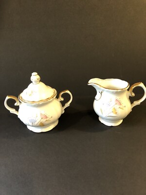 GSK Creamer and Sugar Bowl Dishware Floral Design with gold color trim