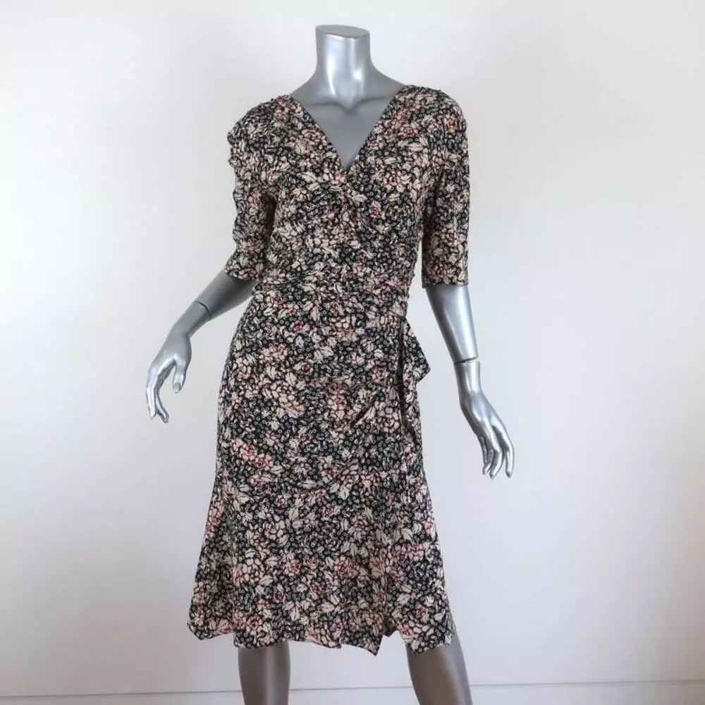 Isabel Marant Dress Arodie Black Cream Ruched Printed Stretch Silk Size 38