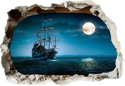 Mond Nacht Natur Ozean Meer Schiff Boot 3D Effekt zerschlagen Wandaufkleber Poster Z409