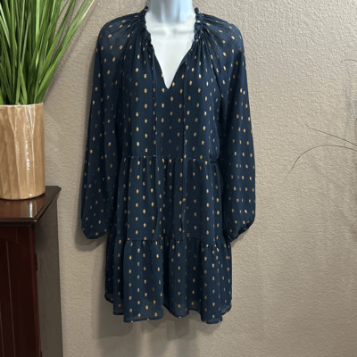 #542 Blu Pepper navy blue gold leaf, long sleeve, Boho style dress size medium