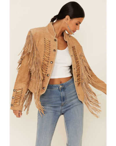 Cowgirl Western Fringes Brown Suede Leather Braided Rodeo Jacket Beads Style - Afbeelding 1 van 3