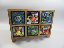 HAND PAINTED CERAMIC 6-DRAWER SPICE TRINKET CHEST :  WOOD INDIA 21 x 12 x 15 cm