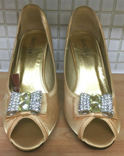 Diamante Satin Bow Shoes Peep Toe High Heel Krasceva Womens Size 5 Uk NEW* Gold