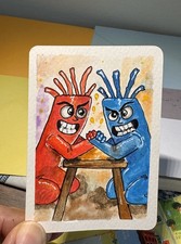 ACEO Original 2.5x3.5 in Watercolor Arm Wrestling tubemen OOAK
