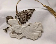 Vintage Lenox Herald Angel Porcelain / Goldtone  Christmas Ornament In Orig. Box