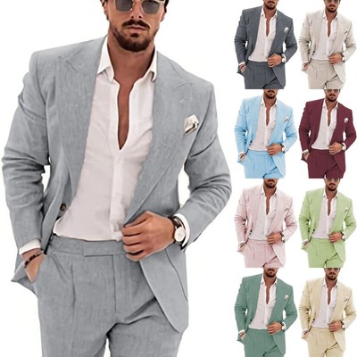 Men Linen 2Pcs Suit Summer Beach Groom Wedding Tuxedo Blazer+Pants 42r 44r 46r