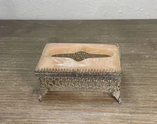 Tissue Box Small Filigree Gold Toned For Small Pkg Tissues Good For Small Space