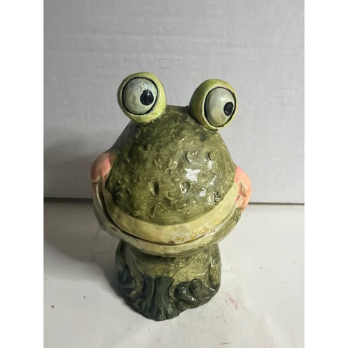 Vintage 1975 Enesco Imports Ceramic Frog Coin Bank Googly Eyes Green Kitsch