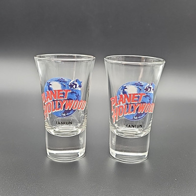 Vintage Planet Hollywood Cancun Shot Glasses Pair 1990s Souvenir Red Blue Logo