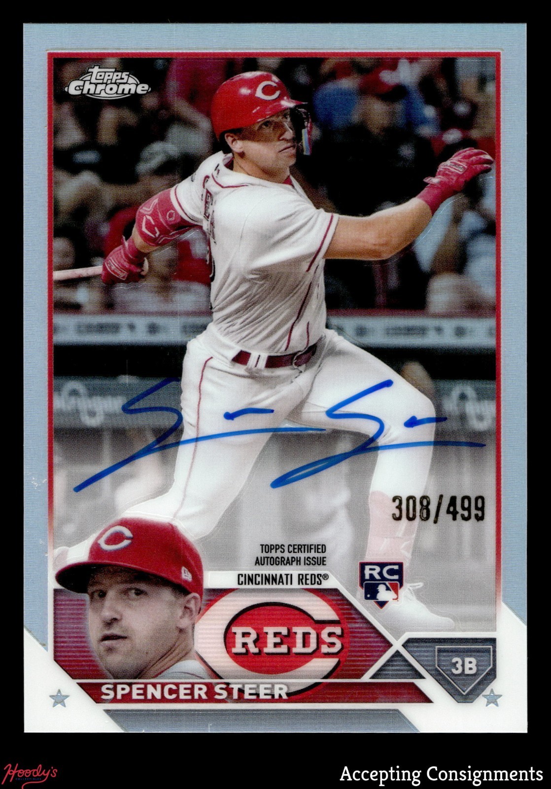 2023 Topps Chrome Refractor Spencer Steer RC ROOKIE AUTO REDS 308/499