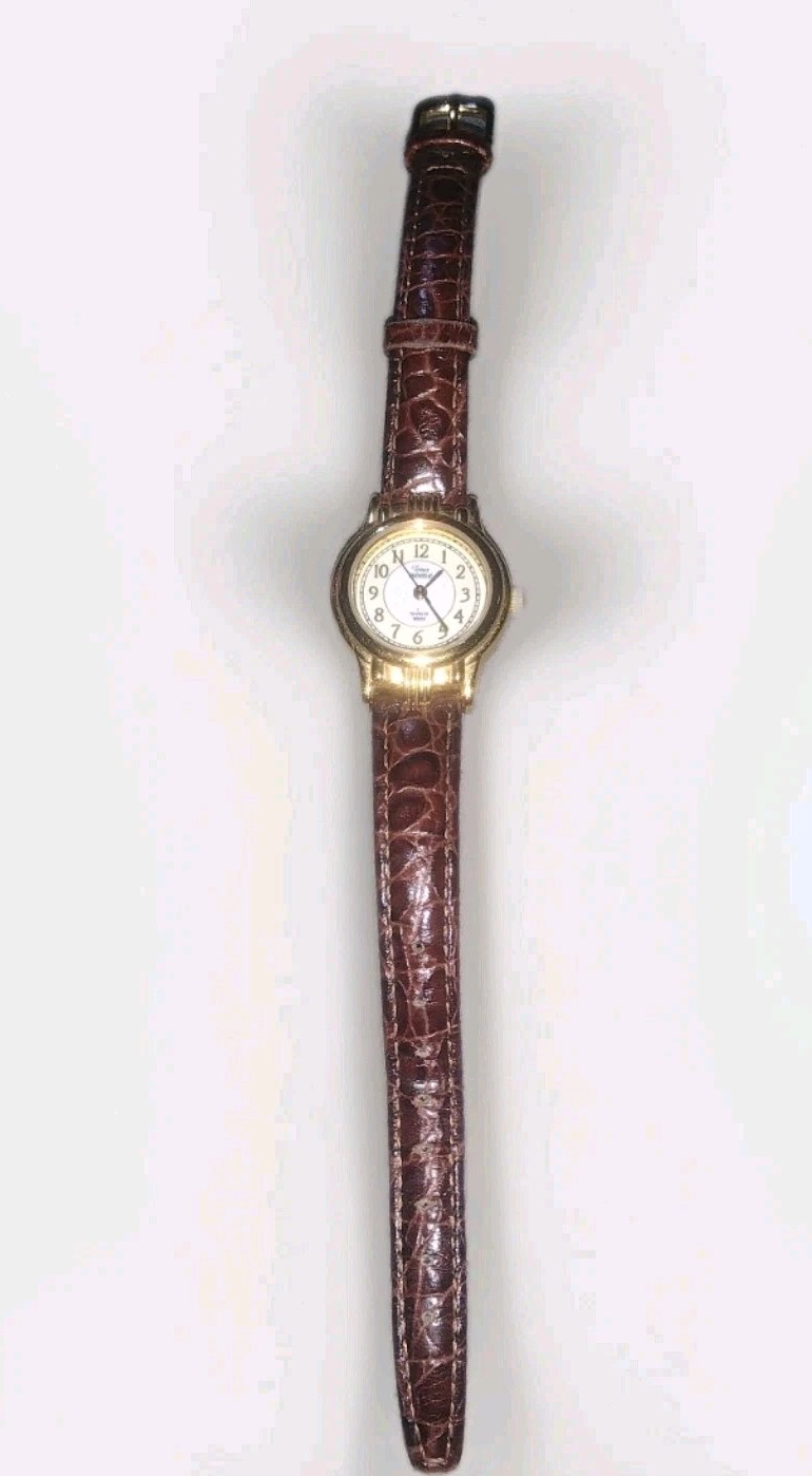 Ladies Timex Indiglo Round Two Tone Dial Gold Tone Brown Leather Analog Watch