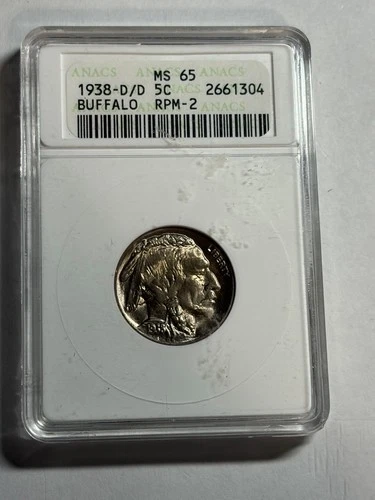 1938-D/D Buffalo Nickel MS65 5c ANACS Soapbox Holder Great Strike