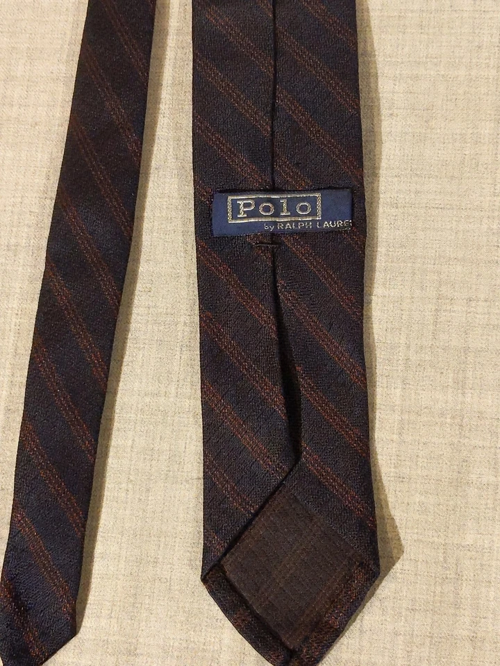 Corbata de seda vintage Polo Ralph Lauren marrón a rayas hecha a mano Vicary's West Reading Foto 3 de 4