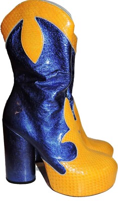 Sz. 37 Marc Jacobs Boots Blue/ Yellow Leather Platform Block Heel