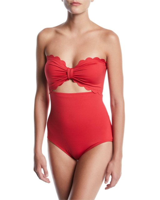 red scalloped one piece swimsuit