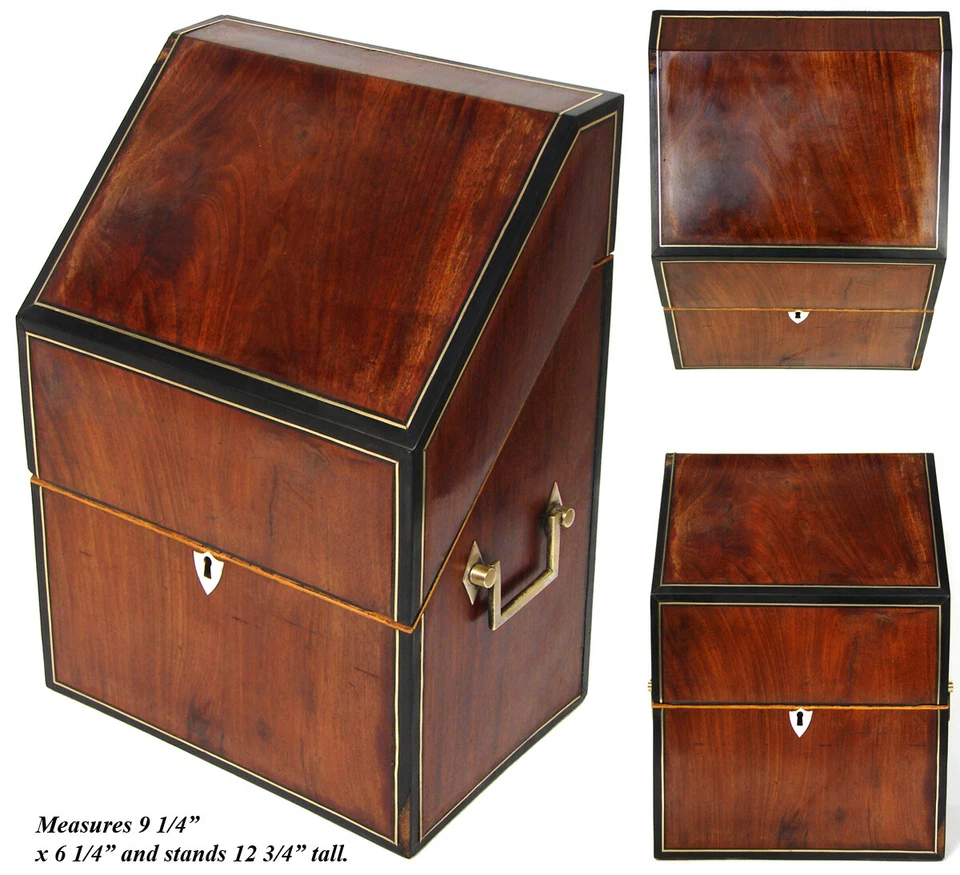 Антикварная георгианская викторианская коробка для столовых приборов, сундук, орех и черное дерево с латунной инкрустацией - Изображение 3 из 4