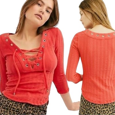 Free People Ice Cold Lace Up Top in Crimson Rose Size XS NEW NWT