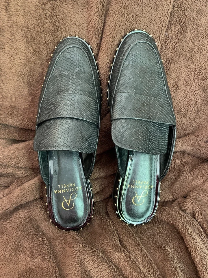 ADRIANNA PAPELL Mujer Panamá Negro Serpiente Estampado Tachonado Mula Talla 7.5 *TAL CUAL* Foto 2 de 4