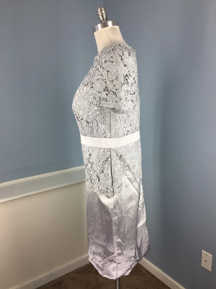 全新 银色鞘 正式派对 蕾丝覆盖 连衣裙 帽子 袖缎 XL 12 14 — 第 2/3 张图片