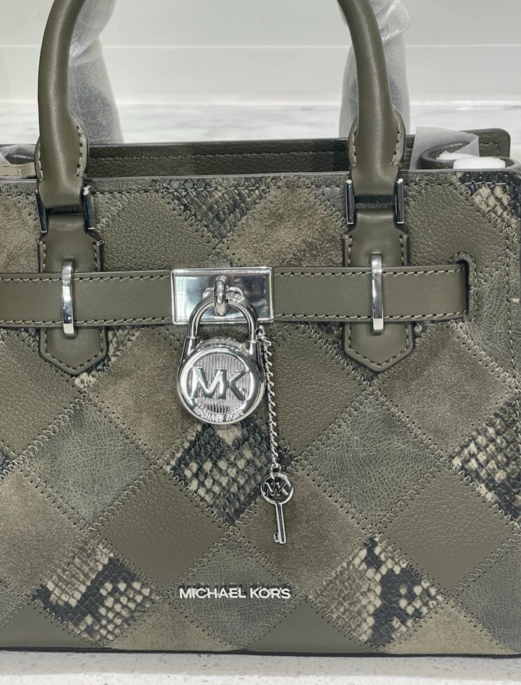 MICHAEL KORS HAMILTON SMALL SATCHEL KEY LOCK PATCHWORK OLIVE SNAKE PRINT SILVER - Image 2 of 4