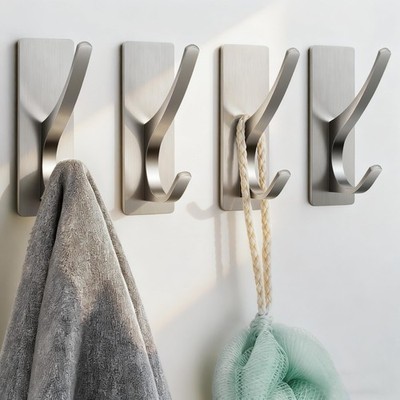 Josmimic Self Adhesive Towel Hooks: Extra Strong 13LB, 4 Pack, Brushed Nickel 