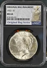 1922 $1 Peace Dollar NGC MS64 Original Bag Fragment .900 Silver Coin
