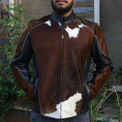 Men s Western Genuine Cowhide Hair On Leather Jacket Black Leather Biker Coat