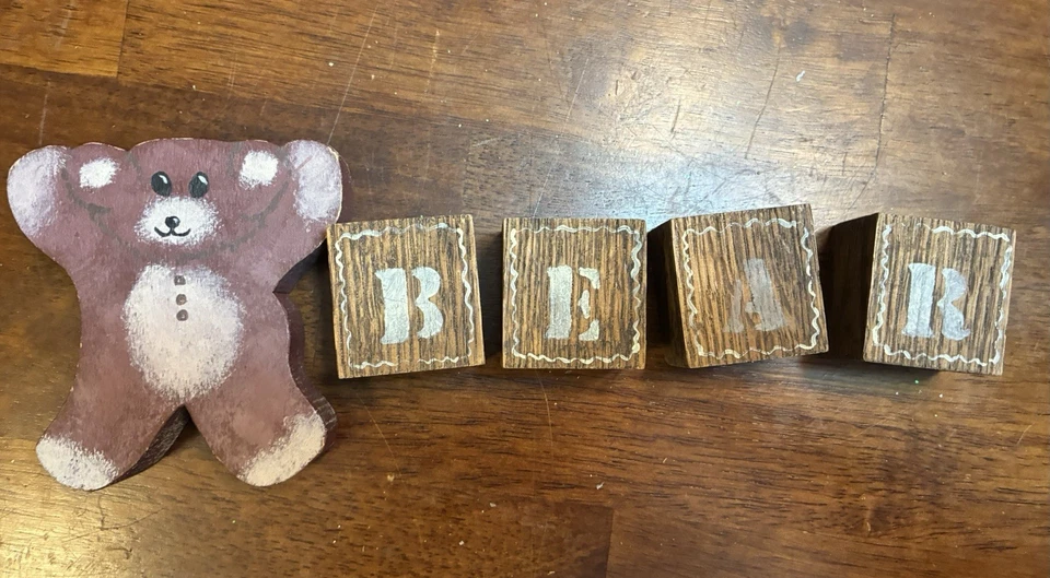 Oso de peluche vintage bloque de madera decoración casa de campo casa de campo rústico Foto 2 de 4