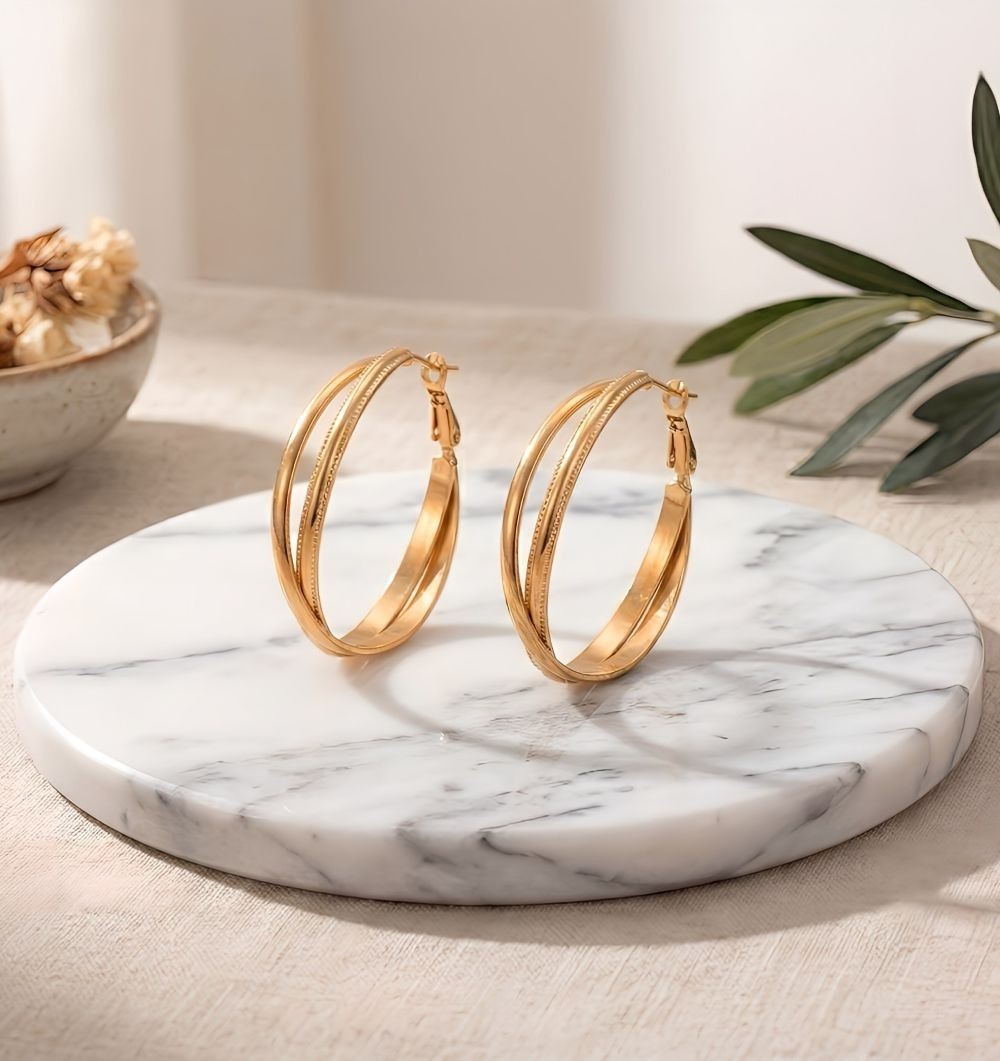 Créoles plaqué or légères et hypoallergéniques double rang 40 mm anti-ternissement