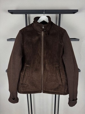 Brown Leather Knit Sleeve Jacket Zip Up Hybrid Vintage Y2K Biker Streetwear