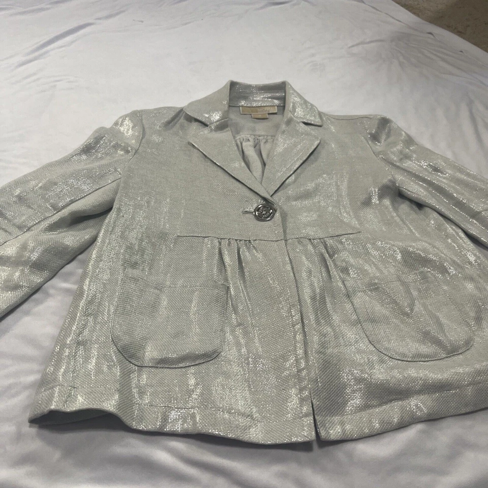 Blazer Michael Kors gris ópalo 100 % lino para mujer manga 3/4 con un botón talla 6 Foto 2 de 4