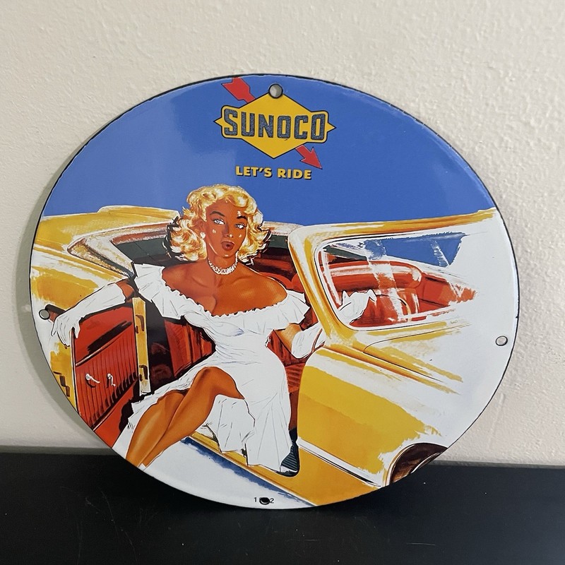 VINTAGE SUNOCO CAR RIDE GASOLINE OIL PORCELAIN SIGN