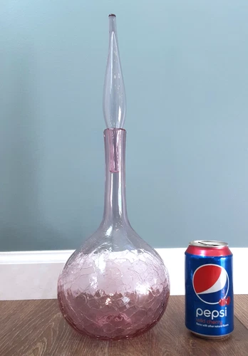 BLENKO Art Glass BIG 18" Rose Pink # 627 L Crackle Decanter Bottle HUSTED MCM