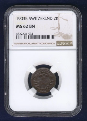 SWITZERLAND  1903-B  2 RAPPEN COIN, UNCIRCULATED, NGC CERTIFIED MS-62-BN