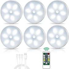 6pcs Rechargeable LED Closet Light Wireless Motion Sensor Puck Light-Remote Cont