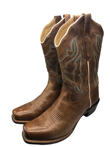 Old West Cowboy Boots Size 10 Womens Brown Blue Stitched Leather Cowgirl Western - Picture 8 of 10