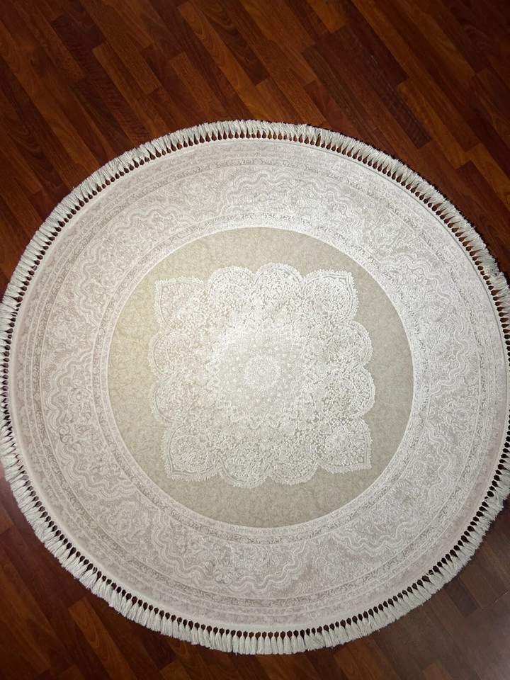 5x5 ft Beige Round Bamboo Rug – Vintage Circle Silk Rug for Home Decor - Image 3 of 4