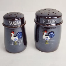 Rooster Shakers Sugar Flour Ceramic Vintage Brownware Chicken Farm Kitchen
