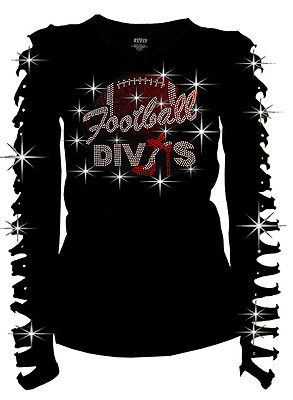 Bling Bling FootBall Divas & Red Shoes RHINESTONE Shirt Ripped Slit Cut Out S~3X